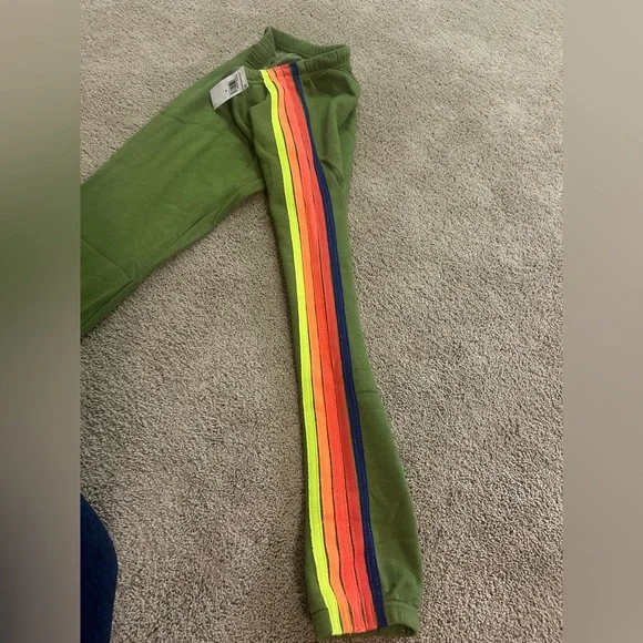 NWT AVIATOR NATION
WOMEN'S 5 STRIPE SWEATPANTS JUNGLE GREEN/NEON RAINBOW - Picture 7 of 8